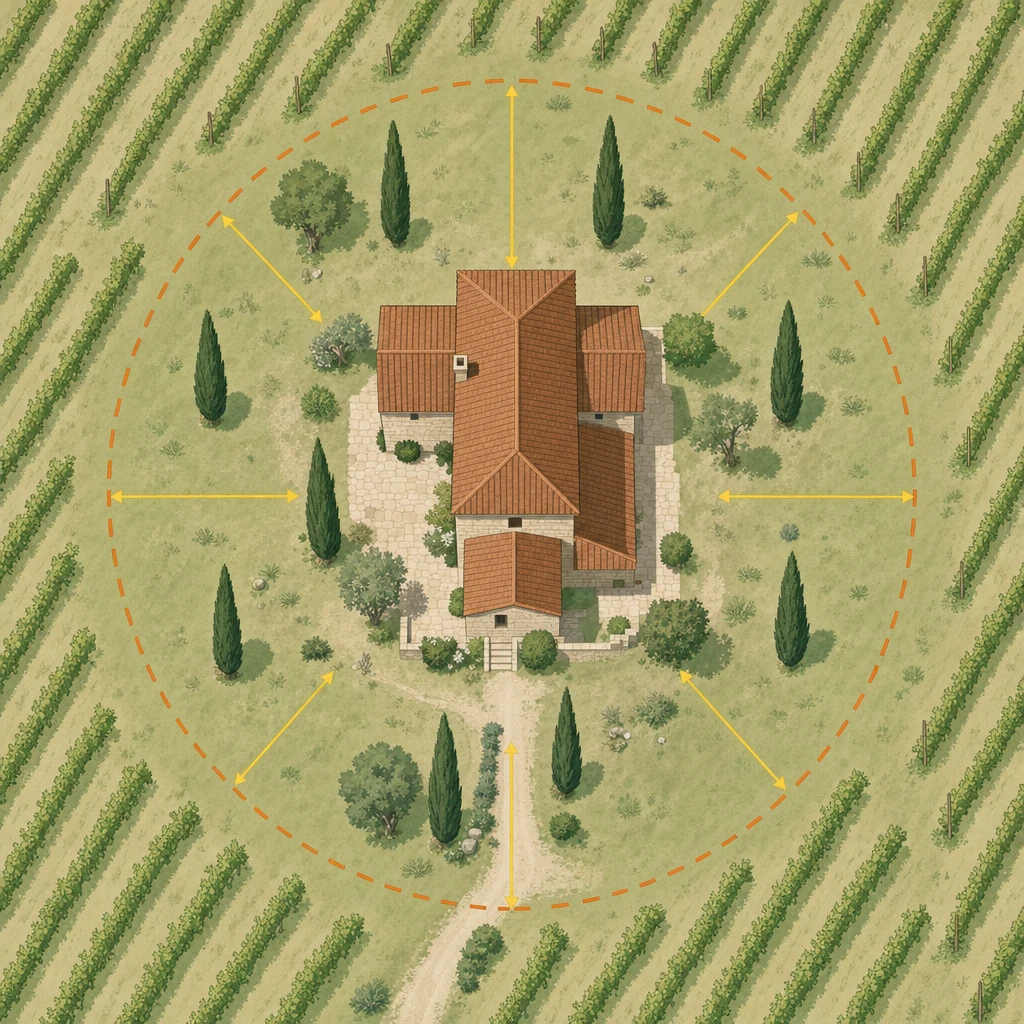 Schéma vue du dessus : maison au centre d'un vignoble, périmètre OLD 50 m en pointillé orange et flèches de distance