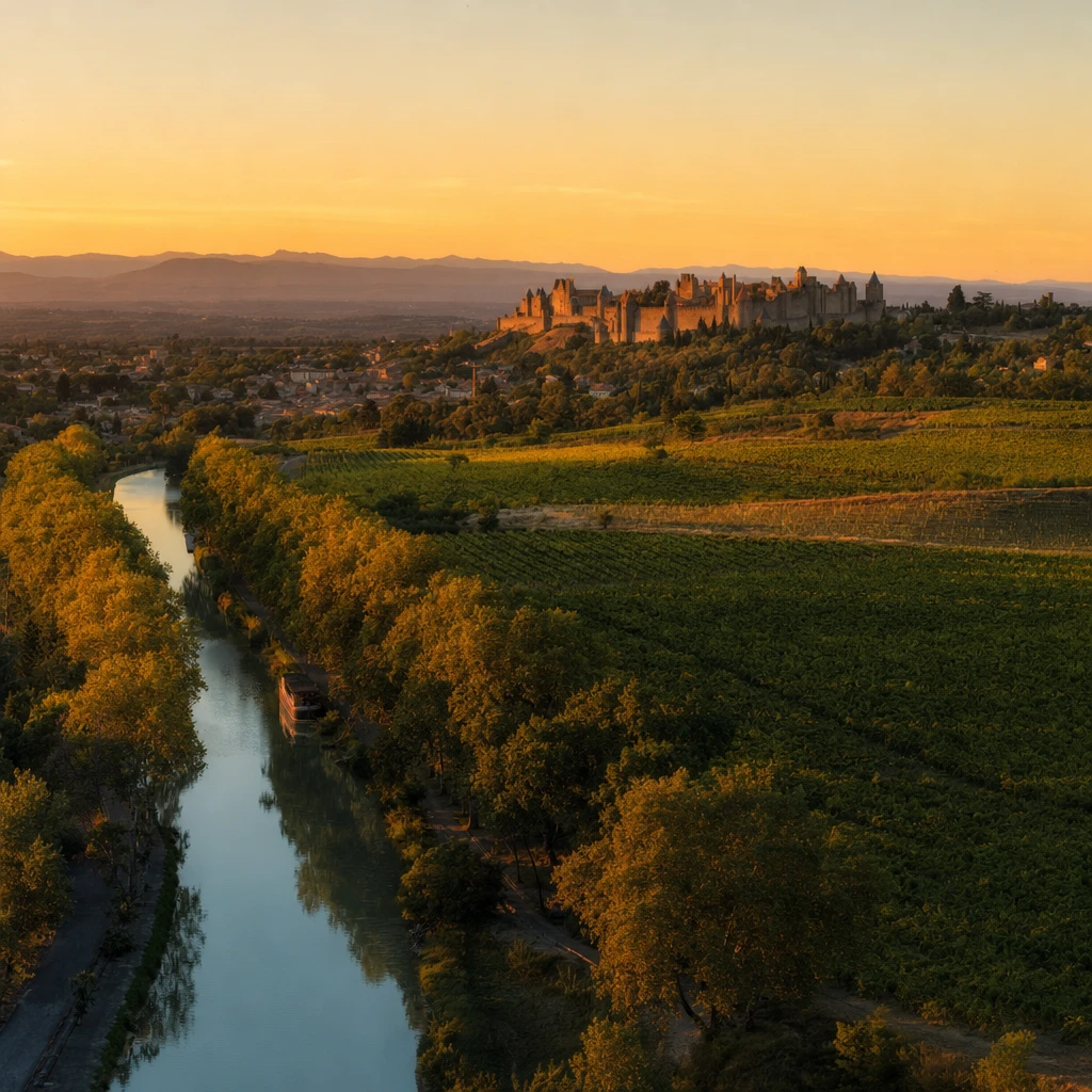 Vallée de l'Aude : Canal du Midi bordé de platanes et Cité de Carcassonne à l'horizon